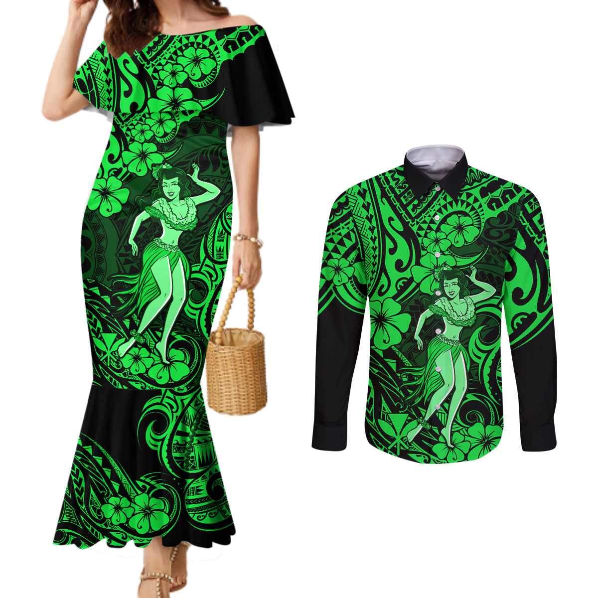 hawaii-hula-girl-couples-matching-mermaid-dress-and-long-sleeve-button-shirts-polynesian-pattern-green-version