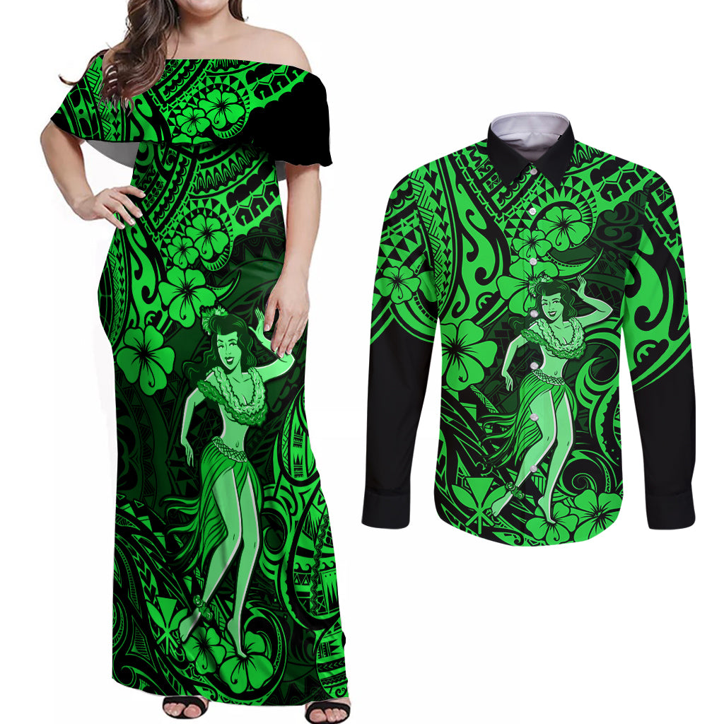 Hawaii Hula Girl Couples Matching Off Shoulder Maxi Dress and Long Sleeve Button Shirts Polynesian Pattern Green Version - Wonder Print Shop