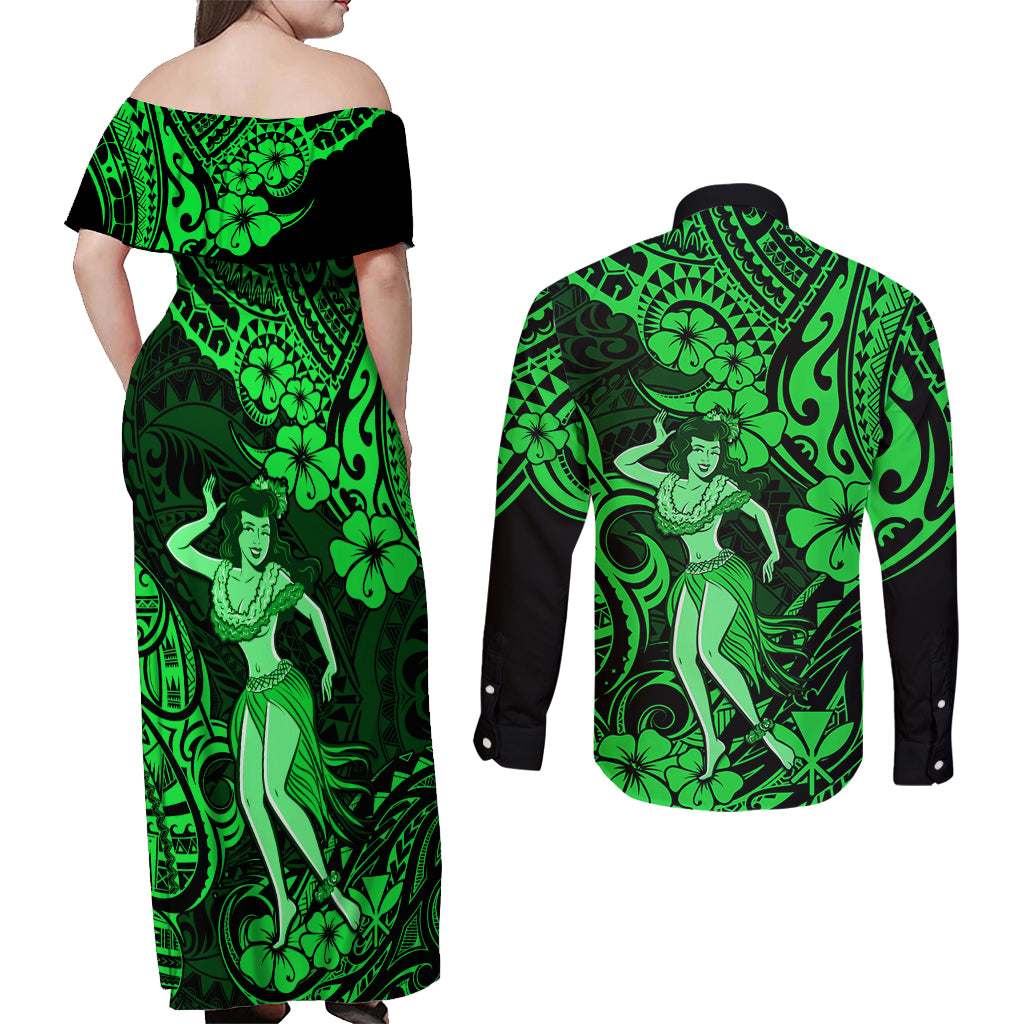 Hawaii Hula Girl Couples Matching Off Shoulder Maxi Dress and Long Sleeve Button Shirts Polynesian Pattern Green Version - Wonder Print Shop