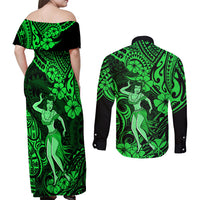 Hawaii Hula Girl Couples Matching Off Shoulder Maxi Dress and Long Sleeve Button Shirts Polynesian Pattern Green Version - Wonder Print Shop