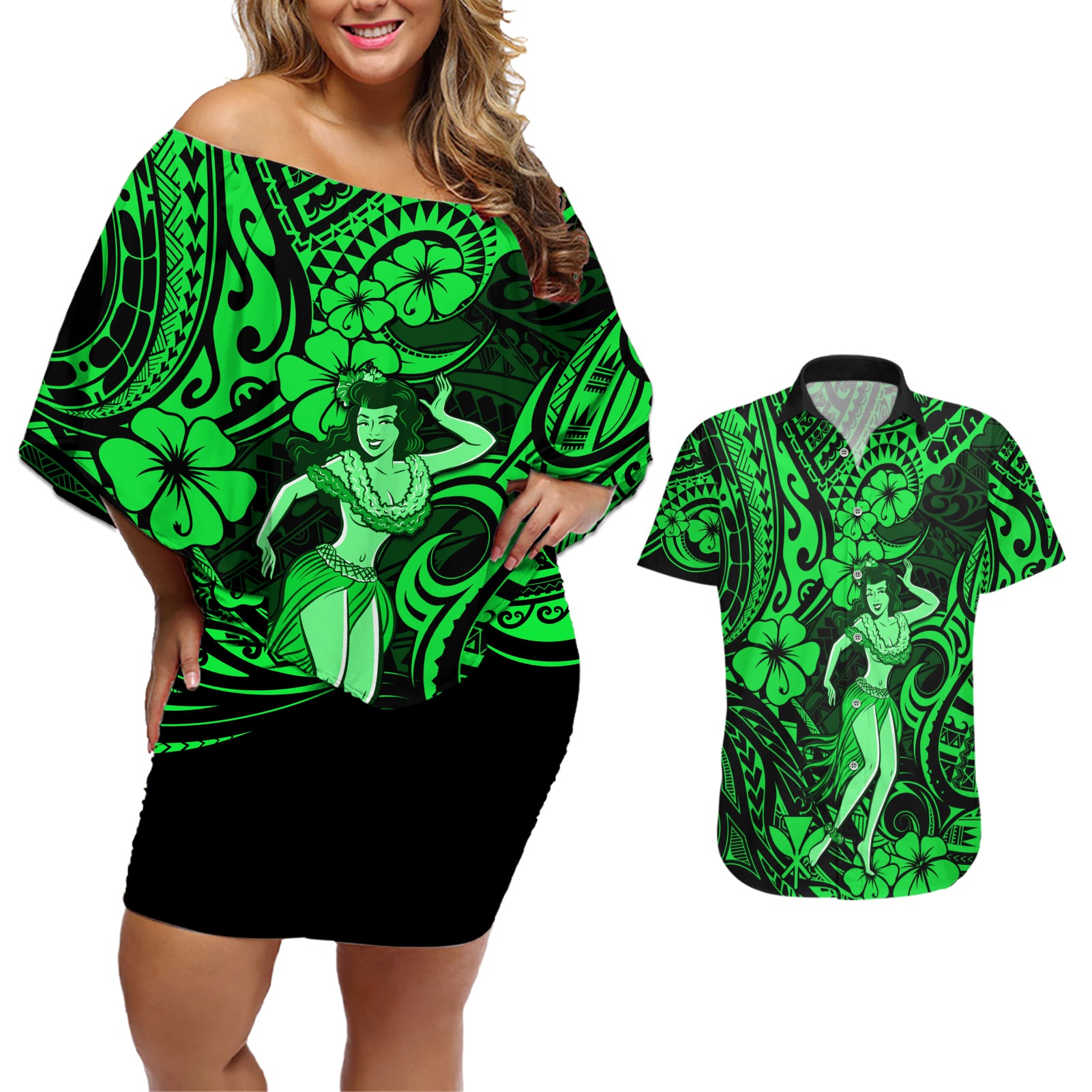 Hawaii Hula Girl Couples Matching Off Shoulder Short Dress and Hawaiian Shirt Polynesian Pattern Green Version - Wonder Print Shop