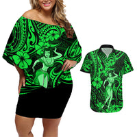 Hawaii Hula Girl Couples Matching Off Shoulder Short Dress and Hawaiian Shirt Polynesian Pattern Green Version - Wonder Print Shop