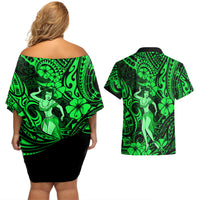 Hawaii Hula Girl Couples Matching Off Shoulder Short Dress and Hawaiian Shirt Polynesian Pattern Green Version - Wonder Print Shop