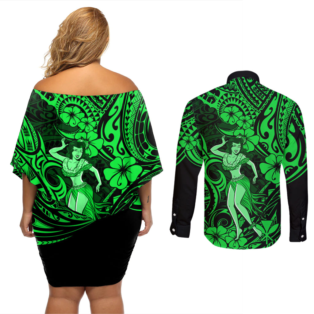 Hawaii Hula Girl Couples Matching Off Shoulder Short Dress and Long Sleeve Button Shirts Polynesian Pattern Green Version - Wonder Print Shop