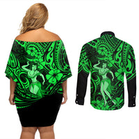 Hawaii Hula Girl Couples Matching Off Shoulder Short Dress and Long Sleeve Button Shirts Polynesian Pattern Green Version - Wonder Print Shop