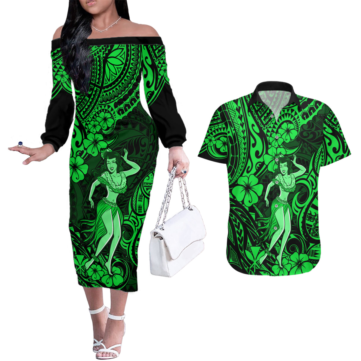 Hawaii Hula Girl Couples Matching Off The Shoulder Long Sleeve Dress and Hawaiian Shirt Polynesian Pattern Green Version - Wonder Print Shop