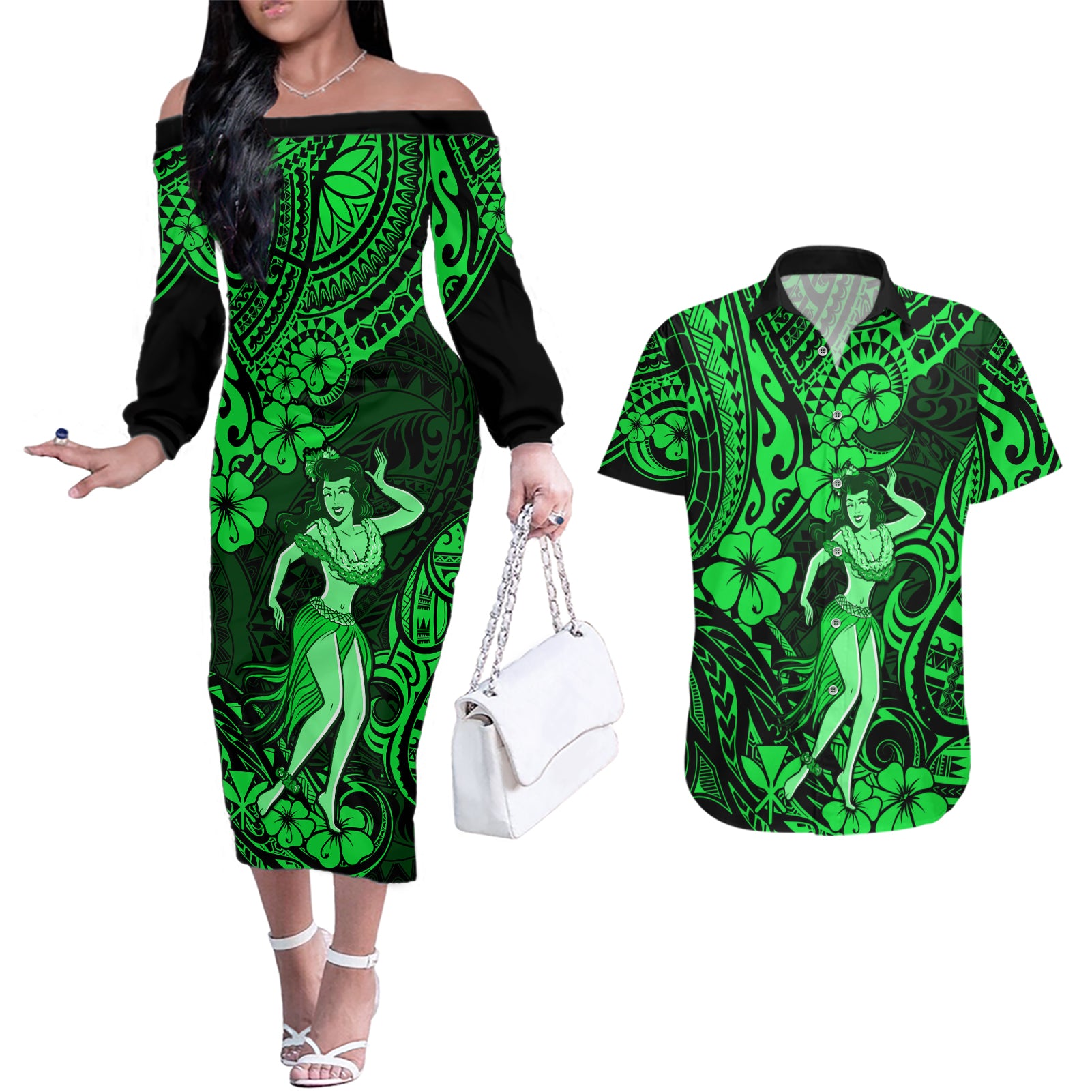 Hawaii Hula Girl Couples Matching Off The Shoulder Long Sleeve Dress and Hawaiian Shirt Polynesian Pattern Green Version - Wonder Print Shop