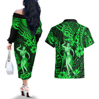 Hawaii Hula Girl Couples Matching Off The Shoulder Long Sleeve Dress and Hawaiian Shirt Polynesian Pattern Green Version - Wonder Print Shop