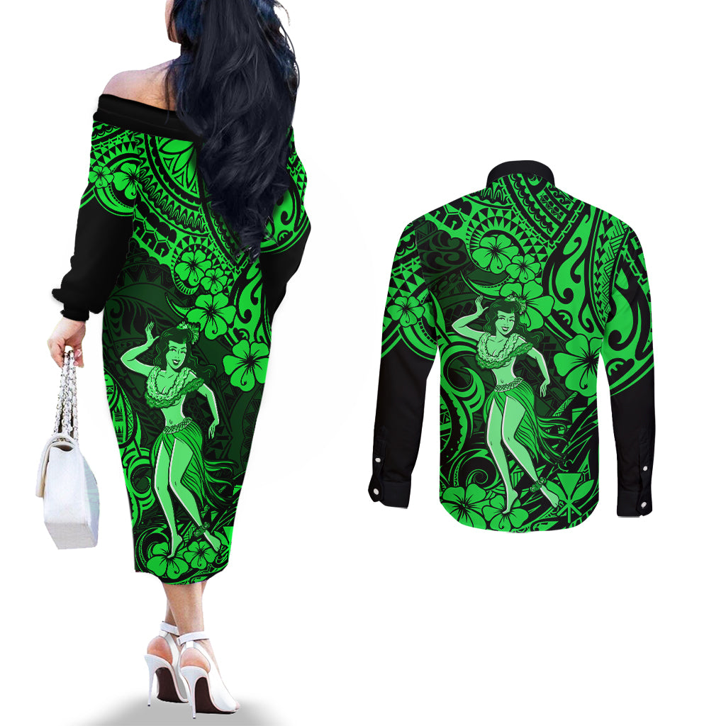 hawaii-hula-girl-couples-matching-off-the-shoulder-long-sleeve-dress-and-long-sleeve-button-shirts-polynesian-pattern-green-version