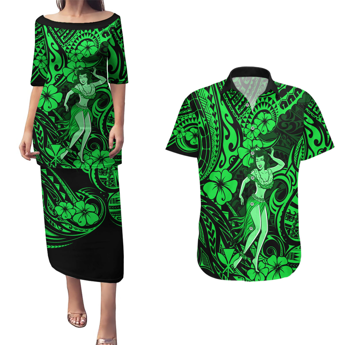Hawaii Hula Girl Couples Matching Puletasi Dress and Hawaiian Shirt Polynesian Pattern Green Version - Wonder Print Shop