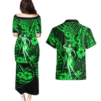 Hawaii Hula Girl Couples Matching Puletasi Dress and Hawaiian Shirt Polynesian Pattern Green Version - Wonder Print Shop