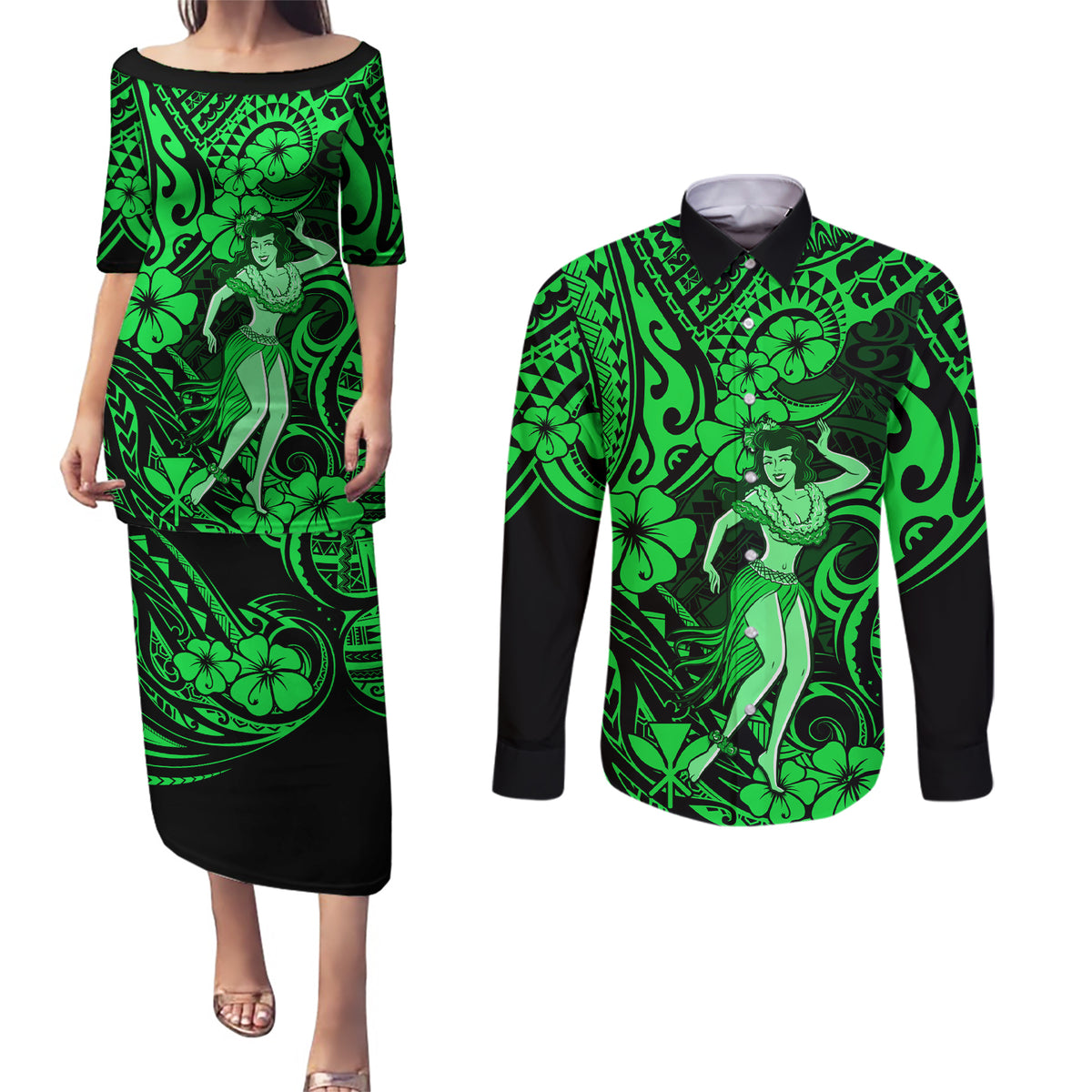 Hawaii Hula Girl Couples Matching Puletasi Dress and Long Sleeve Button Shirts Polynesian Pattern Green Version - Wonder Print Shop