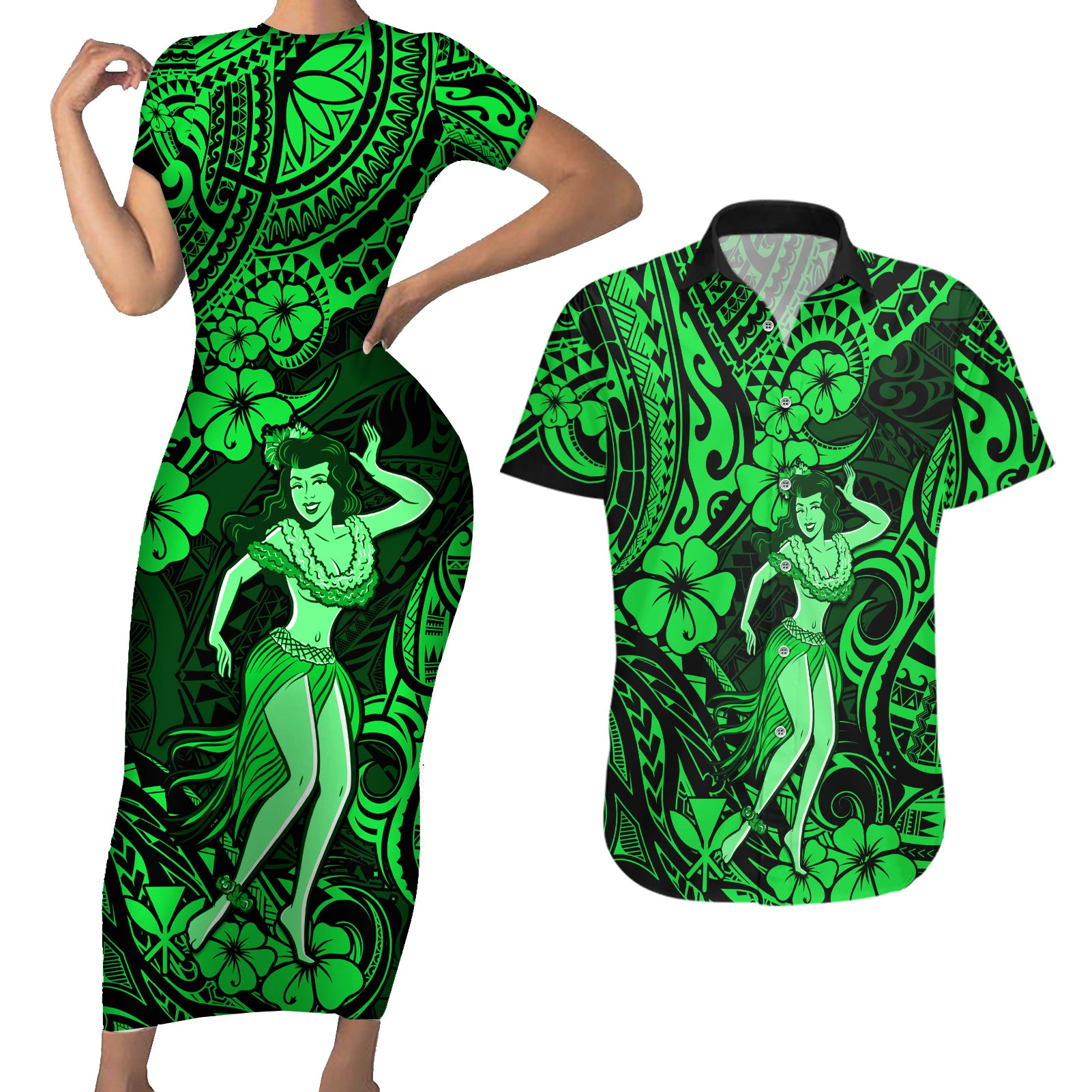 Hawaii Hula Girl Couples Matching Short Sleeve Bodycon Dress and Hawaiian Shirt Polynesian Pattern Green Version - Wonder Print Shop