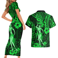 Hawaii Hula Girl Couples Matching Short Sleeve Bodycon Dress and Hawaiian Shirt Polynesian Pattern Green Version - Wonder Print Shop