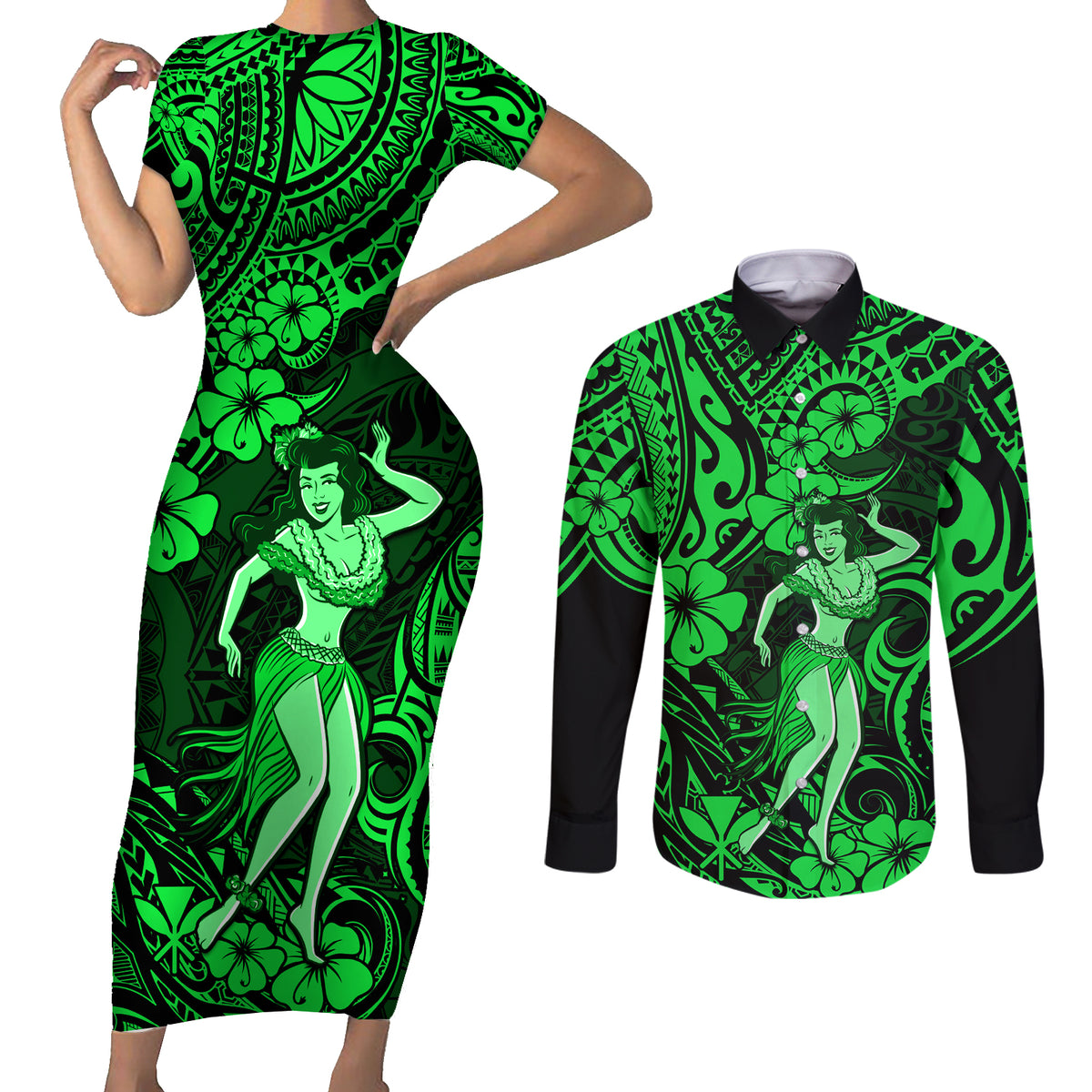 Hawaii Hula Girl Couples Matching Short Sleeve Bodycon Dress and Long Sleeve Button Shirts Polynesian Pattern Green Version - Wonder Print Shop