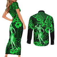 Hawaii Hula Girl Couples Matching Short Sleeve Bodycon Dress and Long Sleeve Button Shirts Polynesian Pattern Green Version - Wonder Print Shop
