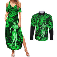 Hawaii Hula Girl Couples Matching Summer Maxi Dress and Long Sleeve Button Shirts Polynesian Pattern Green Version - Wonder Print Shop