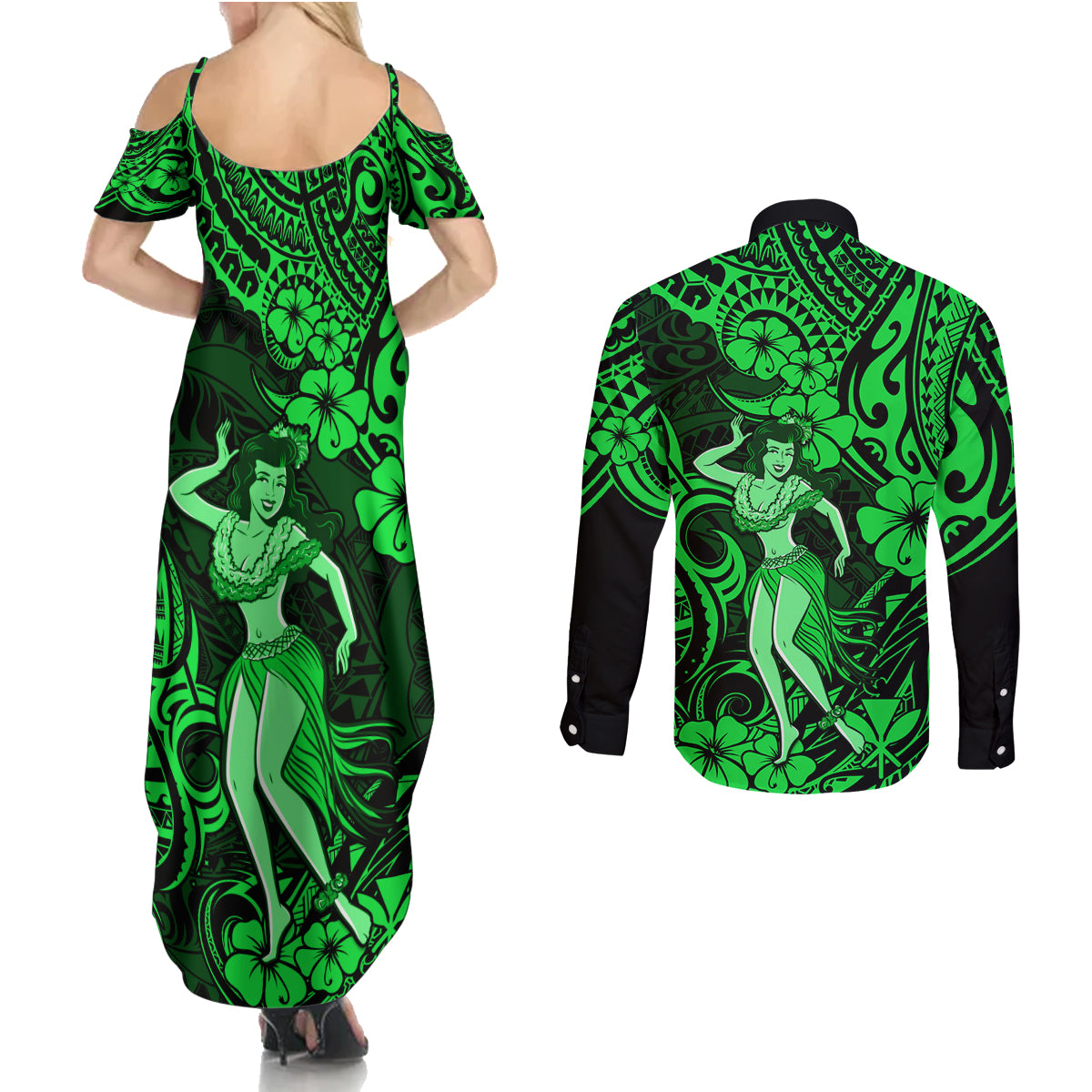 Hawaii Hula Girl Couples Matching Summer Maxi Dress and Long Sleeve Button Shirts Polynesian Pattern Green Version - Wonder Print Shop