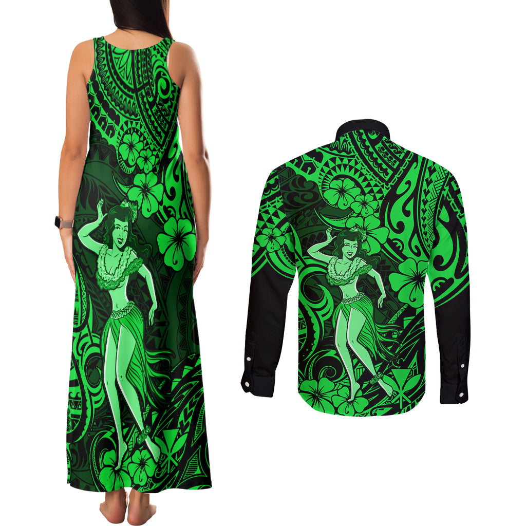 Hawaii Hula Girl Couples Matching Tank Maxi Dress and Long Sleeve Button Shirts Polynesian Pattern Green Version - Wonder Print Shop