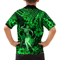 Hawaii Hula Girl Family Matching Long Sleeve Bodycon Dress and Hawaiian Shirt Polynesian Pattern Green Version - Wonder Print Shop