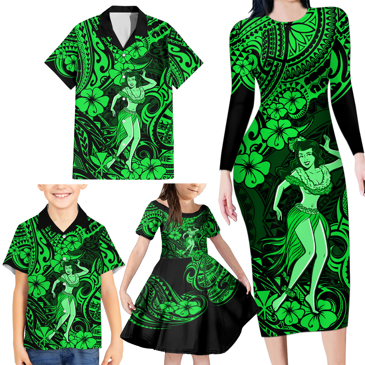 Hawaii Hula Girl Family Matching Long Sleeve Bodycon Dress and Hawaiian Shirt Polynesian Pattern Green Version - Wonder Print Shop