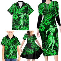 Hawaii Hula Girl Family Matching Long Sleeve Bodycon Dress and Hawaiian Shirt Polynesian Pattern Green Version - Wonder Print Shop