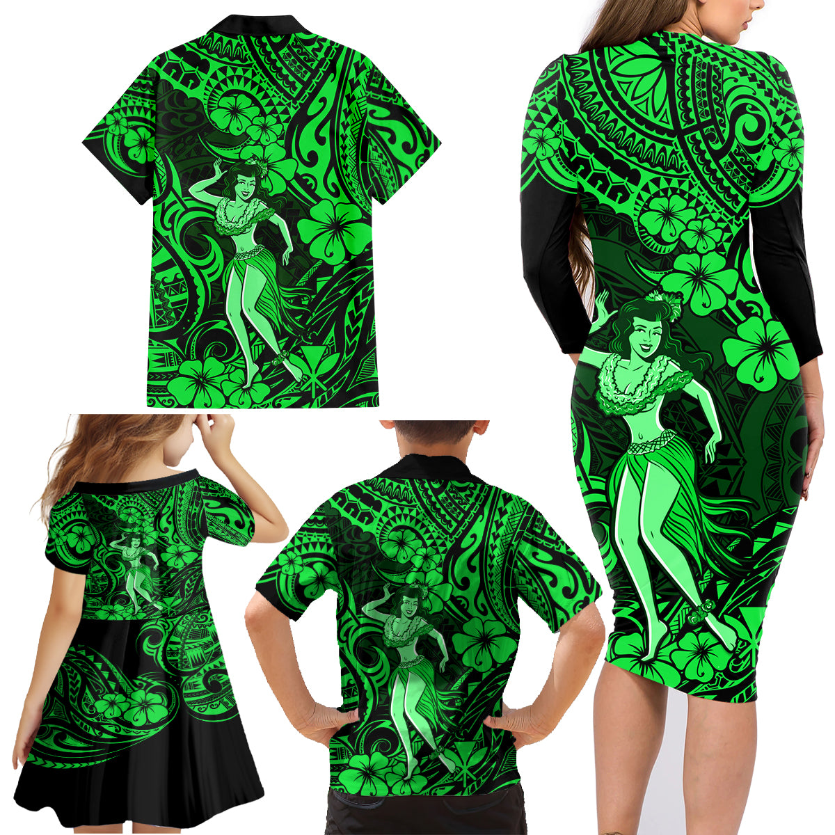 Hawaii Hula Girl Family Matching Long Sleeve Bodycon Dress and Hawaiian Shirt Polynesian Pattern Green Version - Wonder Print Shop