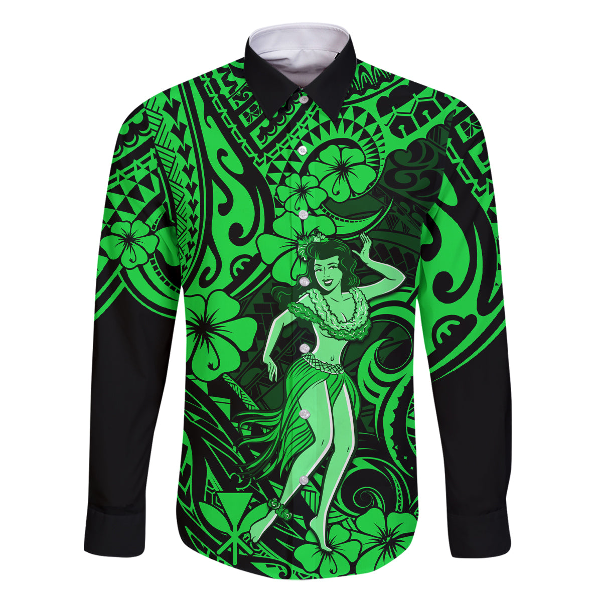 Hawaii Hula Girl Family Matching Long Sleeve Bodycon Dress and Hawaiian Shirt Polynesian Pattern Green Version - Wonder Print Shop