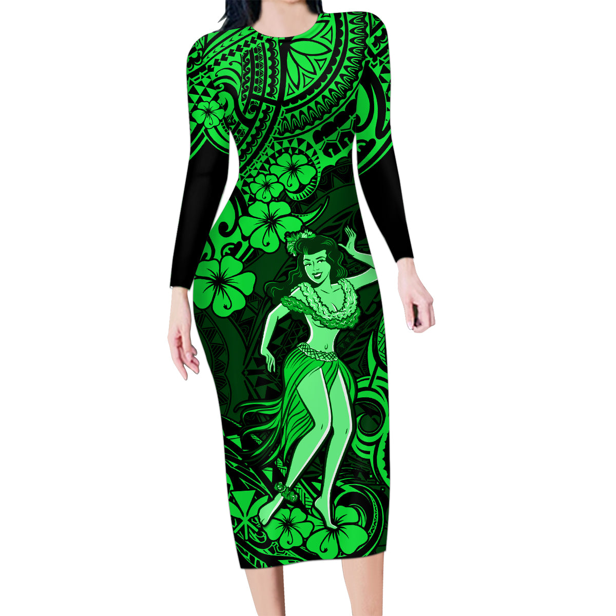 Hawaii Hula Girl Family Matching Long Sleeve Bodycon Dress and Hawaiian Shirt Polynesian Pattern Green Version - Wonder Print Shop