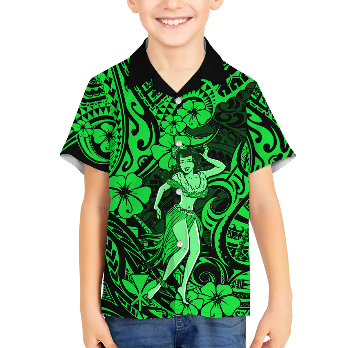 Hawaii Hula Girl Family Matching Long Sleeve Bodycon Dress and Hawaiian Shirt Polynesian Pattern Green Version - Wonder Print Shop
