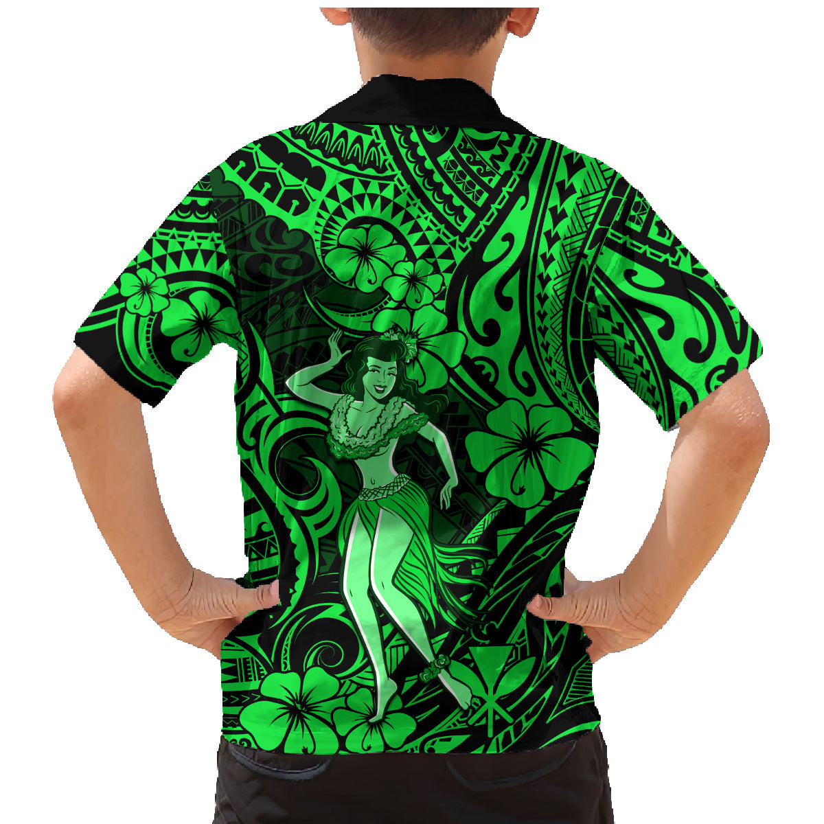Hawaii Hula Girl Family Matching Mermaid Dress and Hawaiian Shirt Polynesian Pattern Green Version - Wonder Print Shop