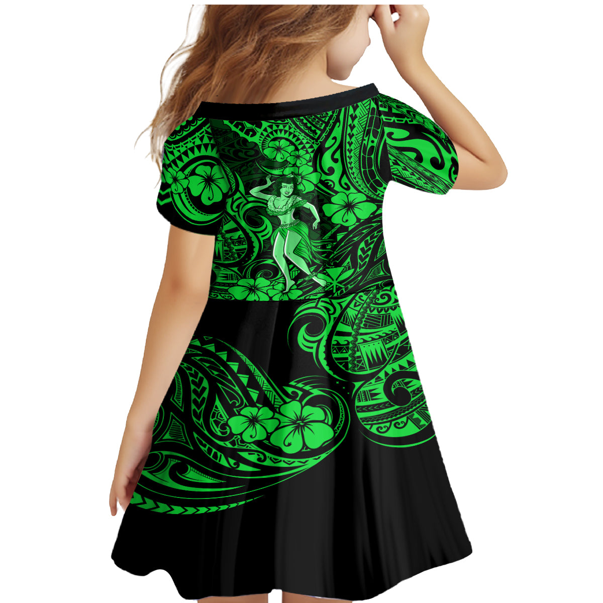 Hawaii Hula Girl Family Matching Mermaid Dress and Hawaiian Shirt Polynesian Pattern Green Version - Wonder Print Shop