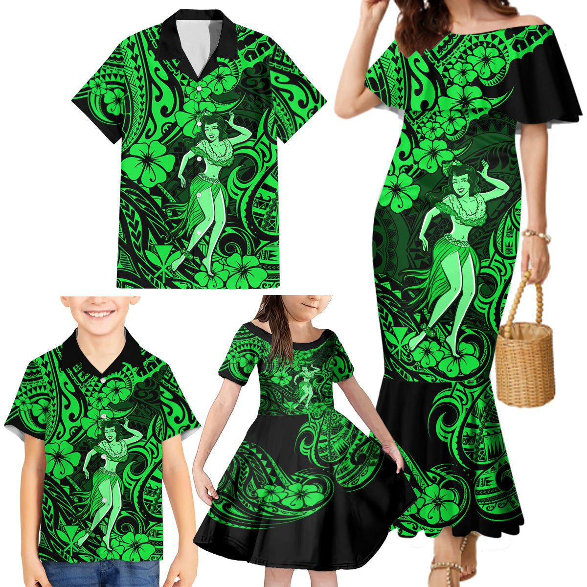 Hawaii Hula Girl Family Matching Mermaid Dress and Hawaiian Shirt Polynesian Pattern Green Version - Wonder Print Shop