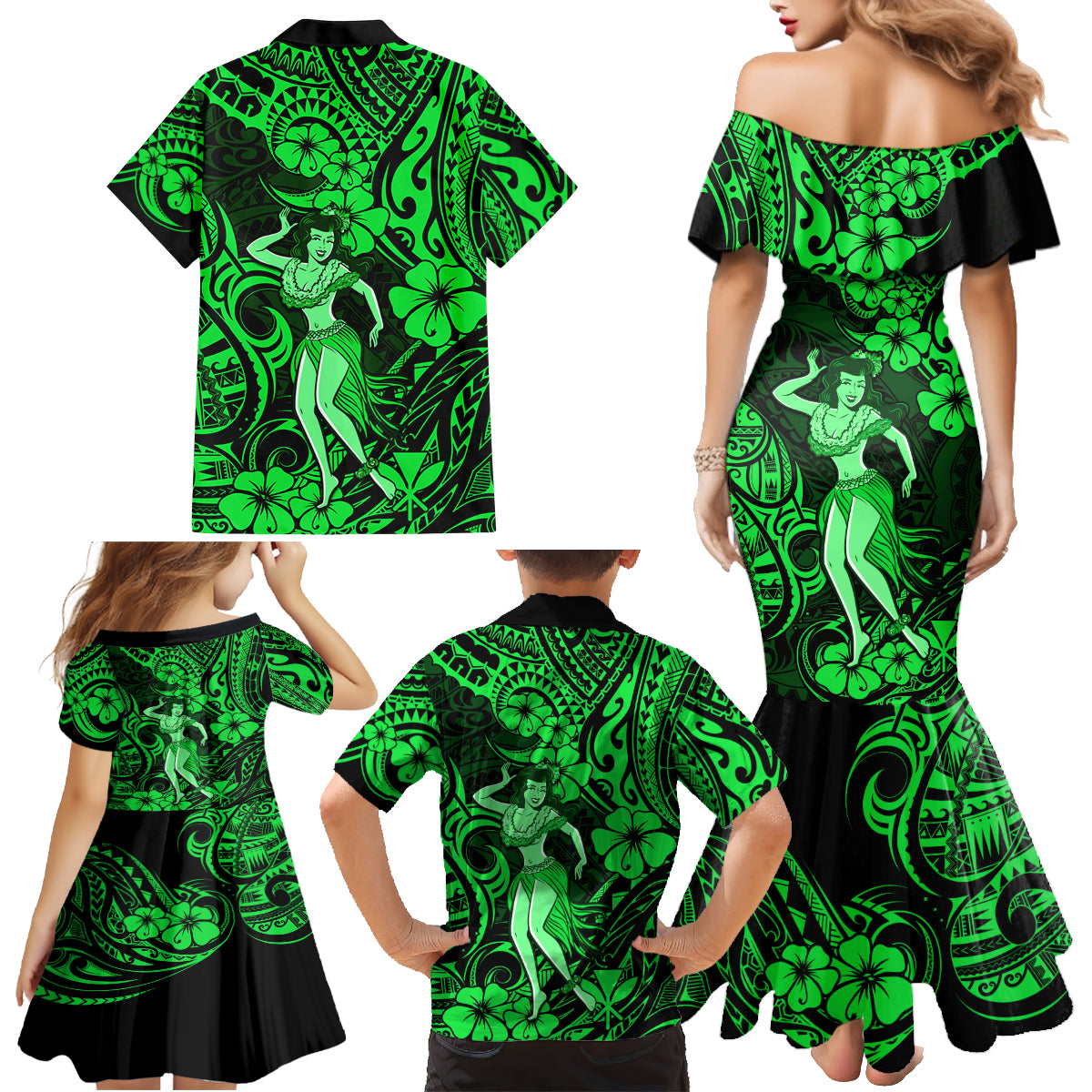Hawaii Hula Girl Family Matching Mermaid Dress and Hawaiian Shirt Polynesian Pattern Green Version - Wonder Print Shop