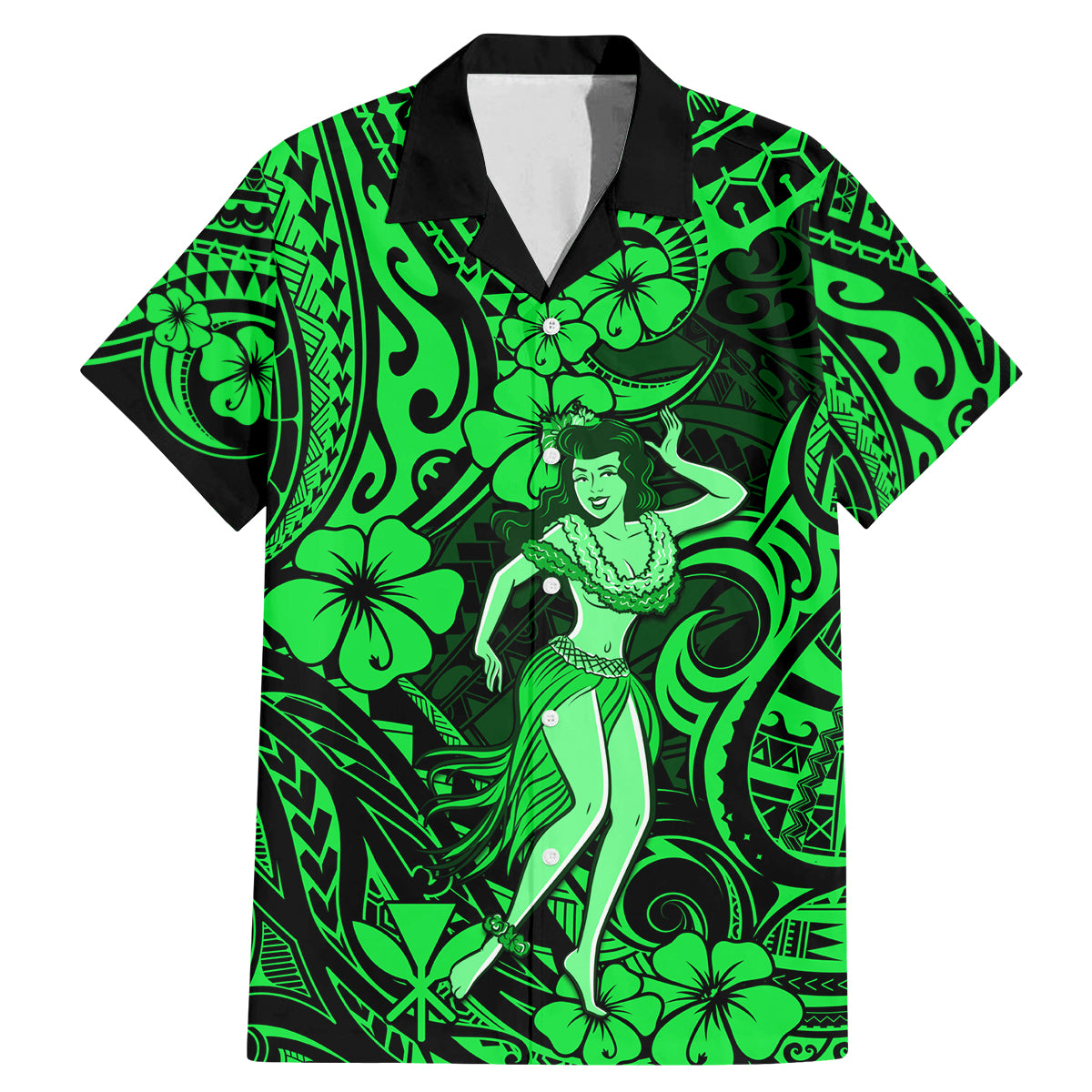 Hawaii Hula Girl Family Matching Mermaid Dress and Hawaiian Shirt Polynesian Pattern Green Version - Wonder Print Shop