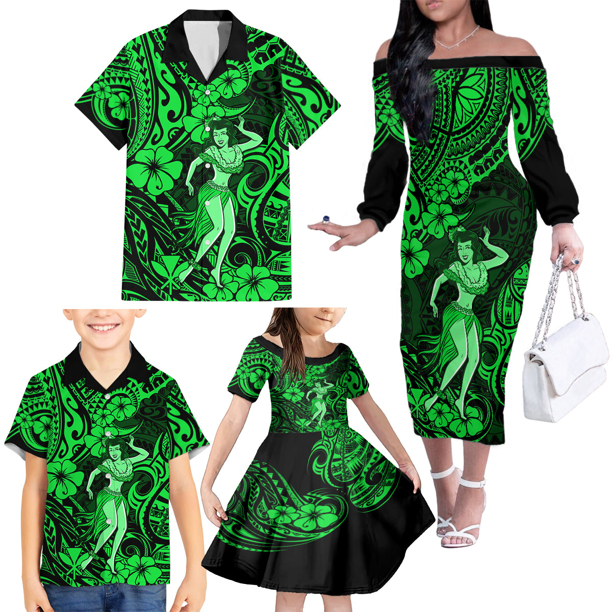 Hawaii Hula Girl Family Matching Off Shoulder Long Sleeve Dress and Hawaiian Shirt Polynesian Pattern Green Version - Wonder Print Shop
