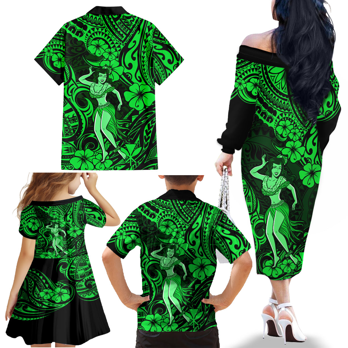 Hawaii Hula Girl Family Matching Off Shoulder Long Sleeve Dress and Hawaiian Shirt Polynesian Pattern Green Version - Wonder Print Shop
