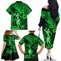 Hawaii Hula Girl Family Matching Off Shoulder Long Sleeve Dress and Hawaiian Shirt Polynesian Pattern Green Version - Wonder Print Shop