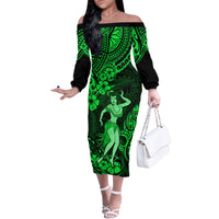 Hawaii Hula Girl Family Matching Off Shoulder Long Sleeve Dress and Hawaiian Shirt Polynesian Pattern Green Version - Wonder Print Shop