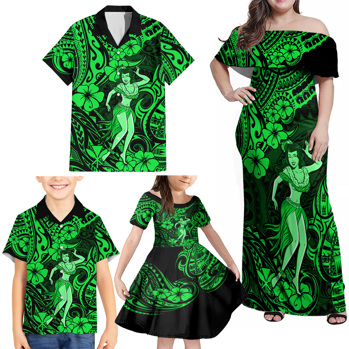 Hawaii Hula Girl Family Matching Off Shoulder Maxi Dress and Hawaiian Shirt Polynesian Pattern Green Version - Wonder Print Shop
