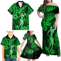 Hawaii Hula Girl Family Matching Off Shoulder Maxi Dress and Hawaiian Shirt Polynesian Pattern Green Version - Wonder Print Shop