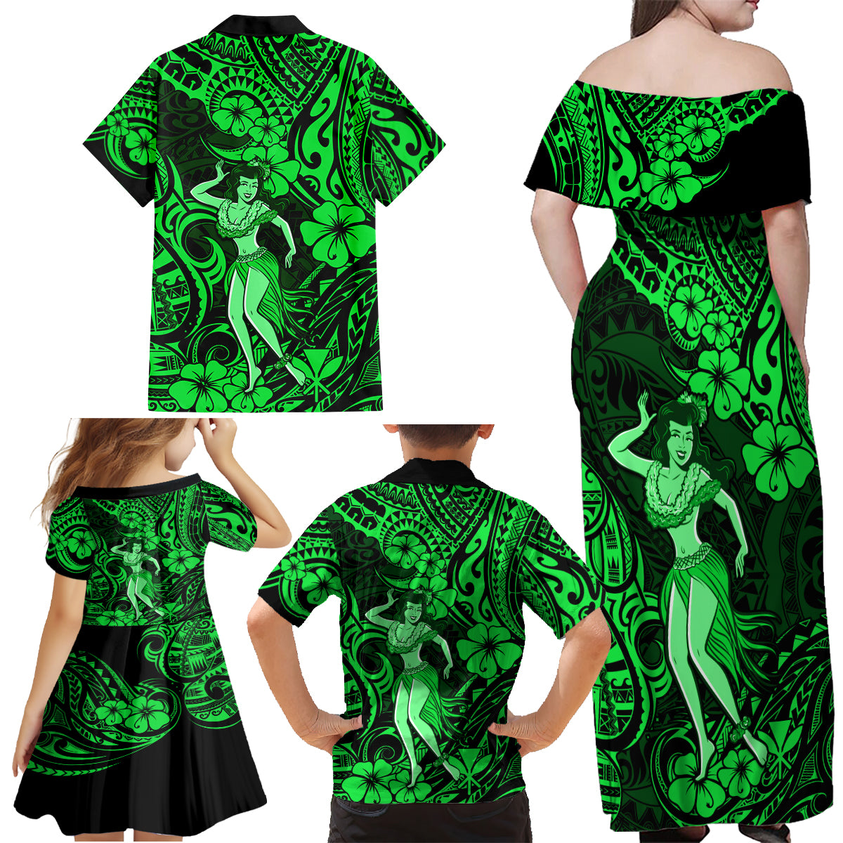 Hawaii Hula Girl Family Matching Off Shoulder Maxi Dress and Hawaiian Shirt Polynesian Pattern Green Version - Wonder Print Shop