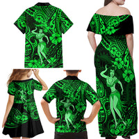 Hawaii Hula Girl Family Matching Off Shoulder Maxi Dress and Hawaiian Shirt Polynesian Pattern Green Version - Wonder Print Shop