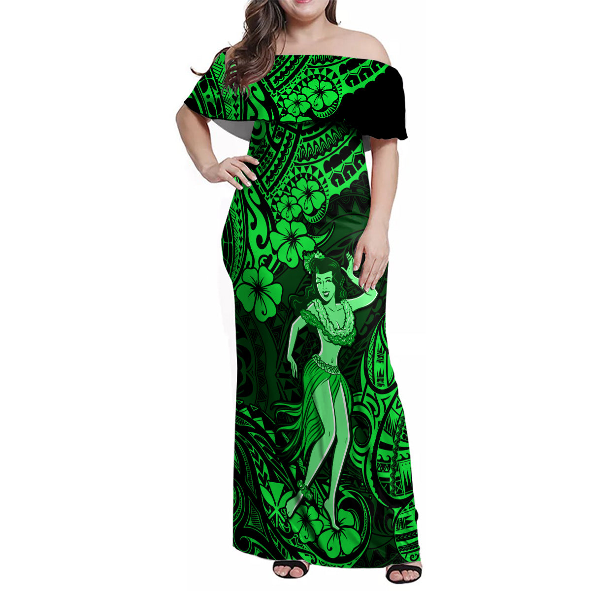 Hawaii Hula Girl Family Matching Off Shoulder Maxi Dress and Hawaiian Shirt Polynesian Pattern Green Version - Wonder Print Shop