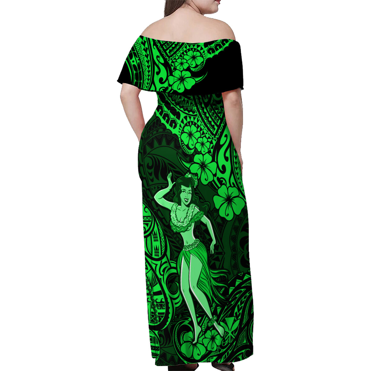 Hawaii Hula Girl Family Matching Off Shoulder Maxi Dress and Hawaiian Shirt Polynesian Pattern Green Version - Wonder Print Shop