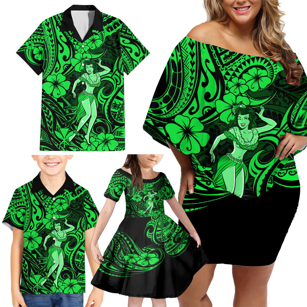 Hawaii Hula Girl Family Matching Off Shoulder Short Dress and Hawaiian Shirt Polynesian Pattern Green Version - Wonder Print Shop