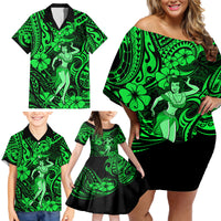 Hawaii Hula Girl Family Matching Off Shoulder Short Dress and Hawaiian Shirt Polynesian Pattern Green Version - Wonder Print Shop