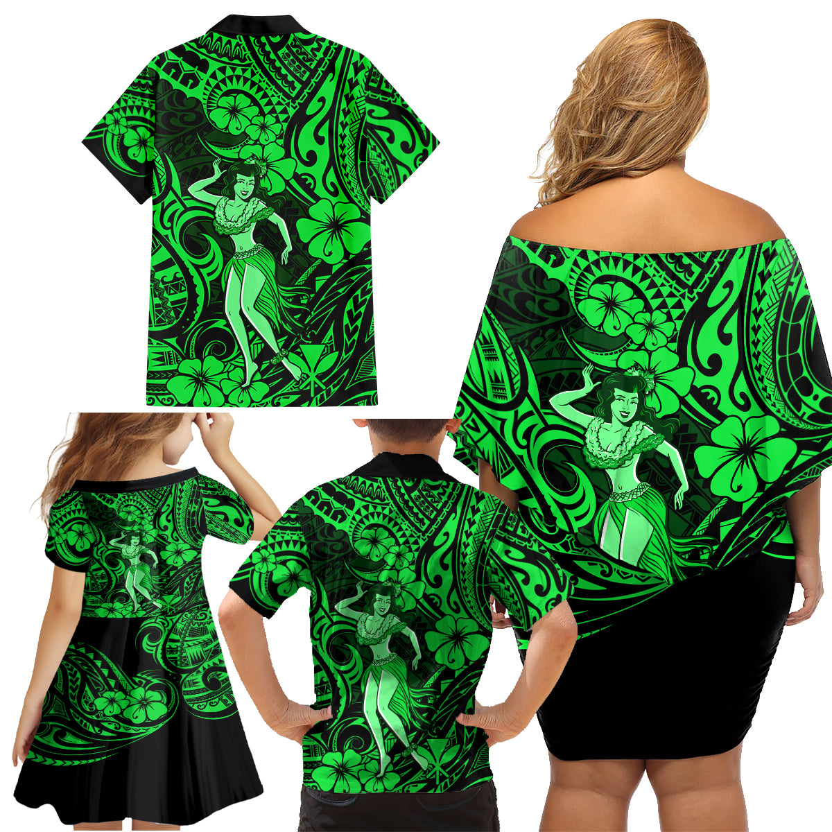 Hawaii Hula Girl Family Matching Off Shoulder Short Dress and Hawaiian Shirt Polynesian Pattern Green Version - Wonder Print Shop
