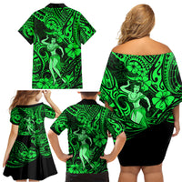 Hawaii Hula Girl Family Matching Off Shoulder Short Dress and Hawaiian Shirt Polynesian Pattern Green Version - Wonder Print Shop