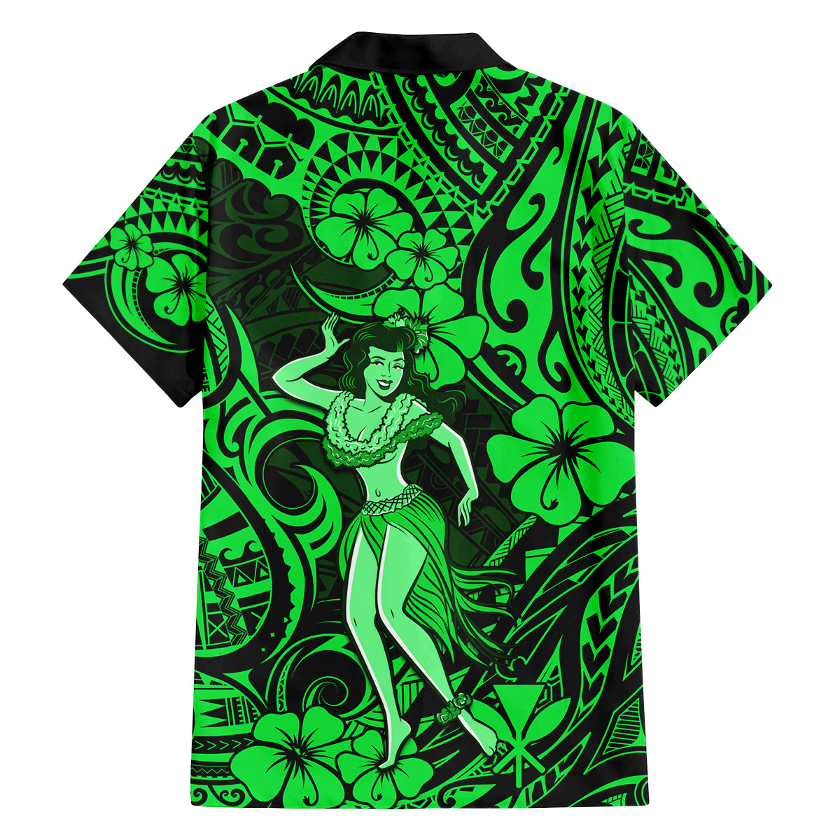Hawaii Hula Girl Family Matching Off Shoulder Short Dress and Hawaiian Shirt Polynesian Pattern Green Version - Wonder Print Shop